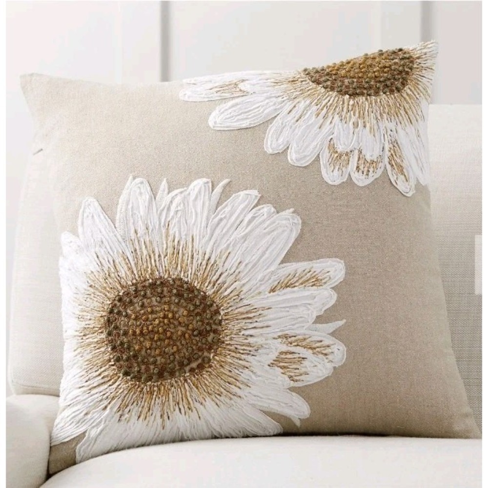 Pottery Barn Sunflower Decorative Pillow Cover 20" Beige Square